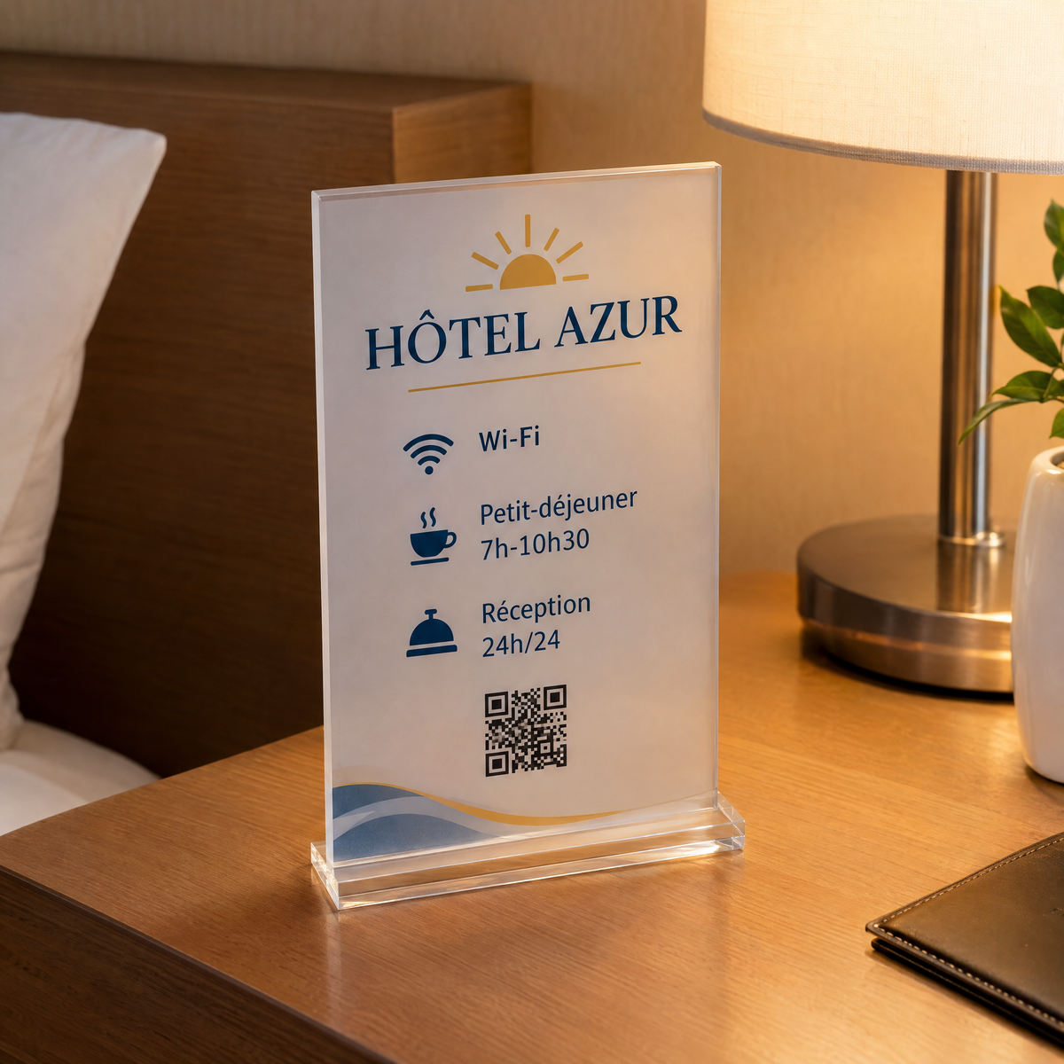 Plaque d'information de chambre en acrylique avec Wi-Fi, horaires et QR code