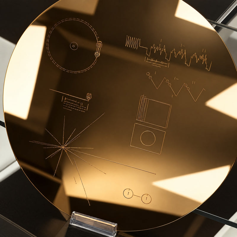 Réplique du disque d'or Voyager en plaqué or 24 carats, fini miroir, schémas gravés au laser, sur support acrylique