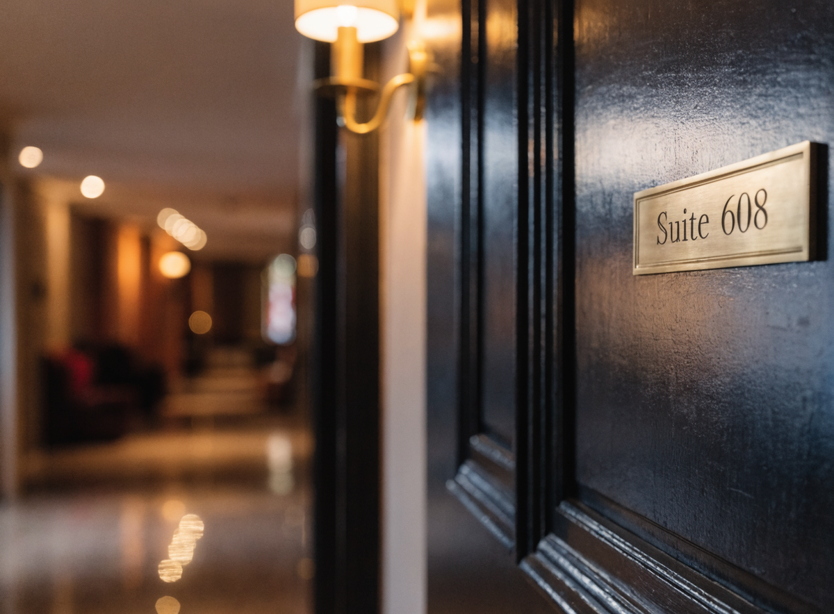 Plaque nominative en laiton posée sur la porte d'une suite d'hôtel