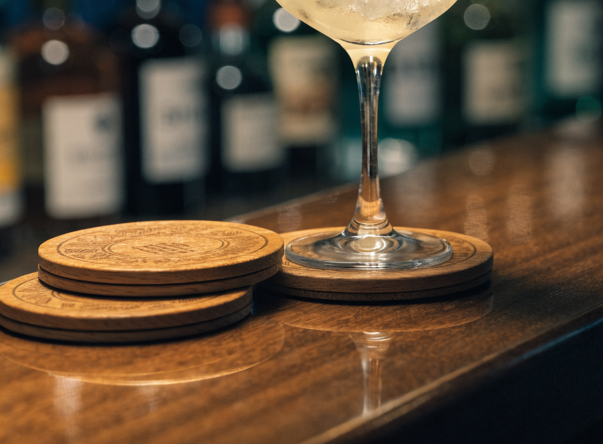 Sous-verre en chêne gravé sous un verre, sur le comptoir d'un bar d'hôtel