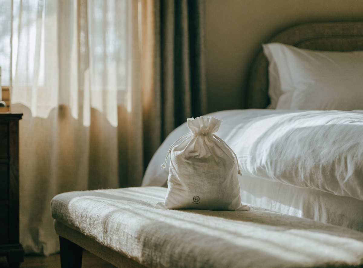 Sac de blanchisserie personnalisé posé dans une chambre d'hôtel