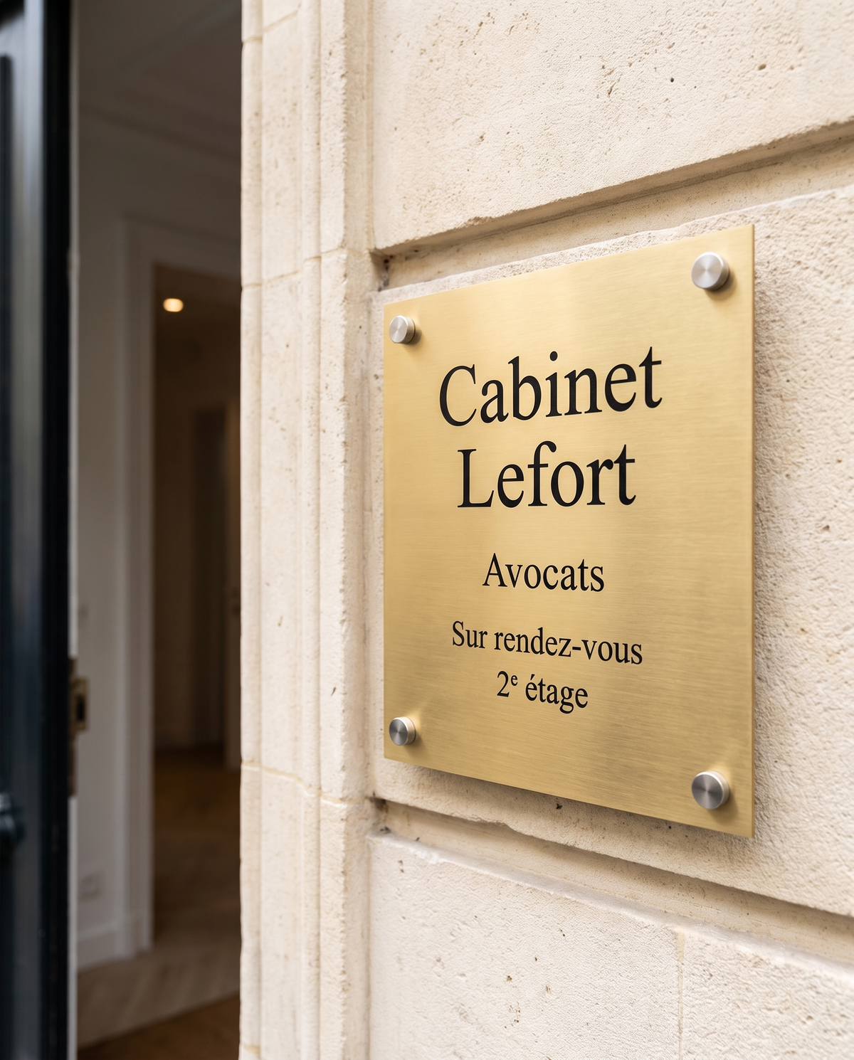 Plaque professionnelle en laiton brossé gravée au laser, fixée sur entretoises inox en façade