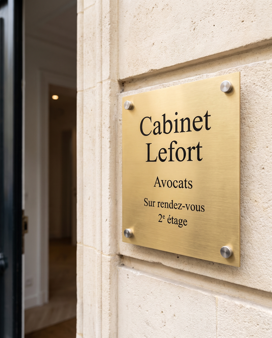 Plaque professionnelle en laiton brossé gravée au laser, fixée sur entretoises inox en façade