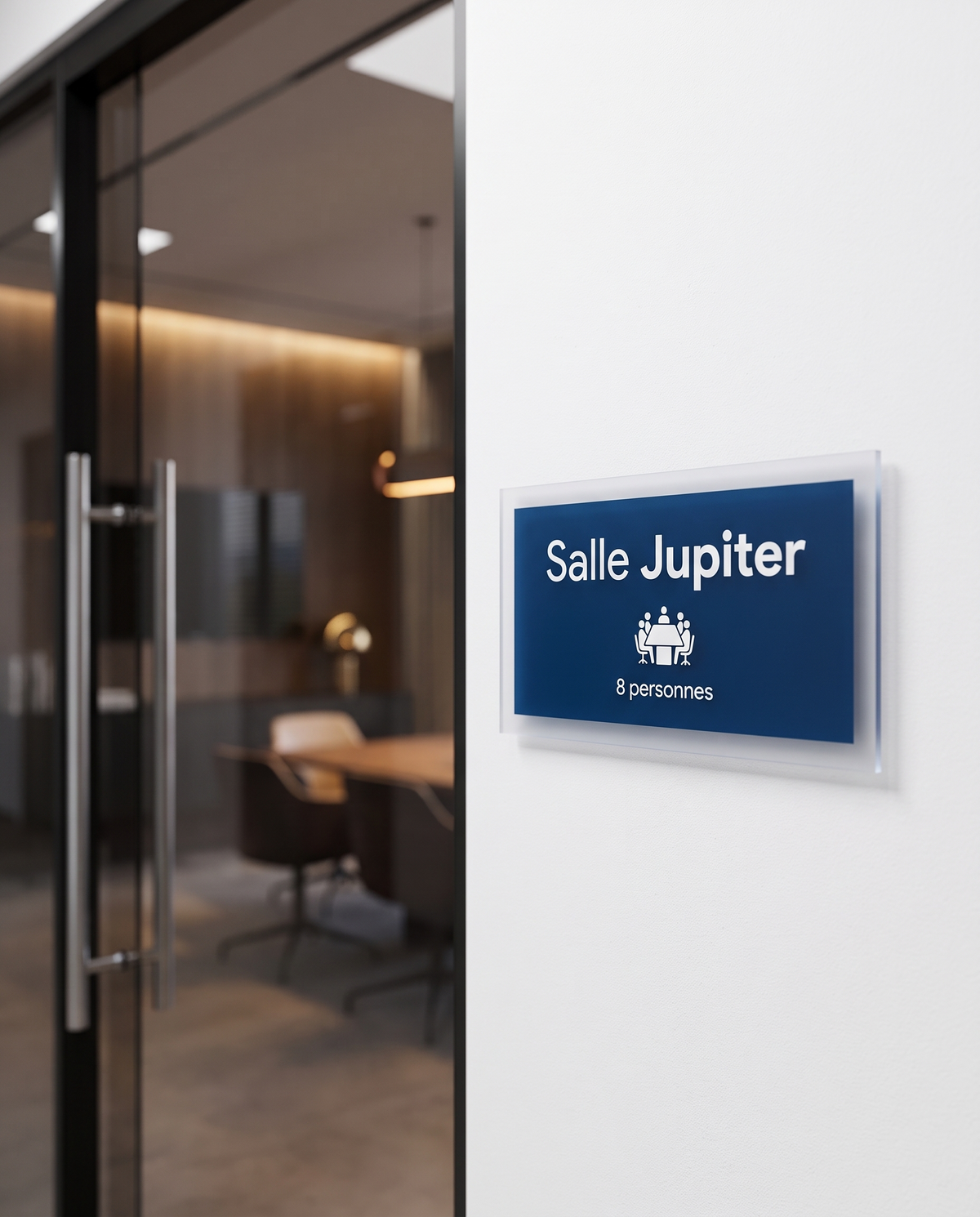 Plaque de salle de réunion imprimée UV avec nom de salle et capacité, posée à côté d'une porte vitrée