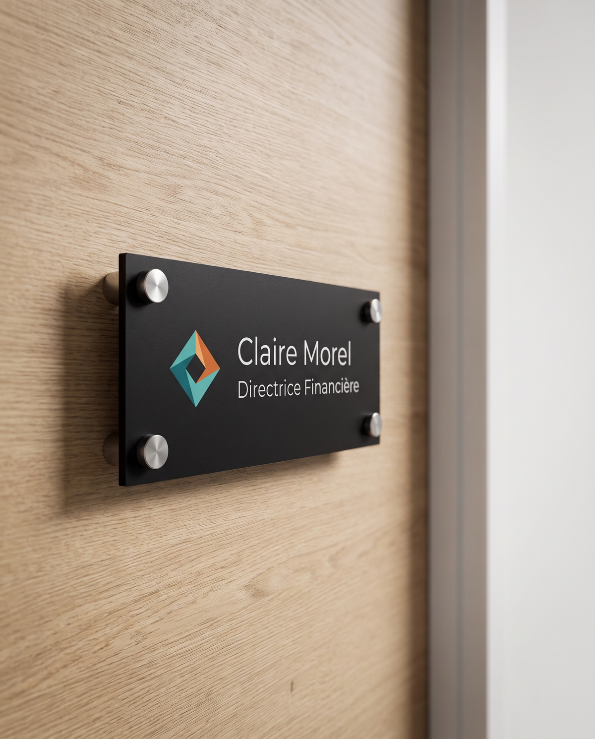 Plaque de porte nominative pour bureau, noire, gravée au laser avec logo imprimé UV, sur entretoises inox