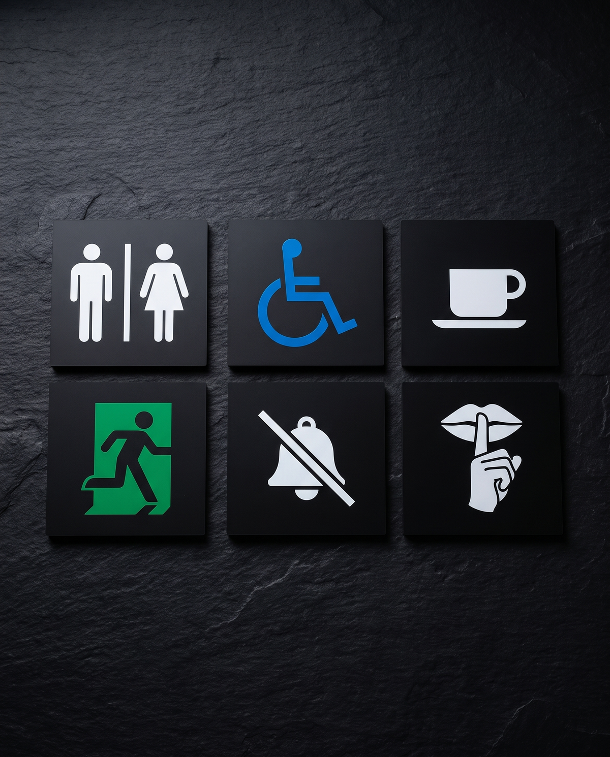Kit de six pictogrammes de bureau imprimés UV sur plaques noires : toilettes, PMR, salle de pause, issue de secours, ne pas déranger, silence