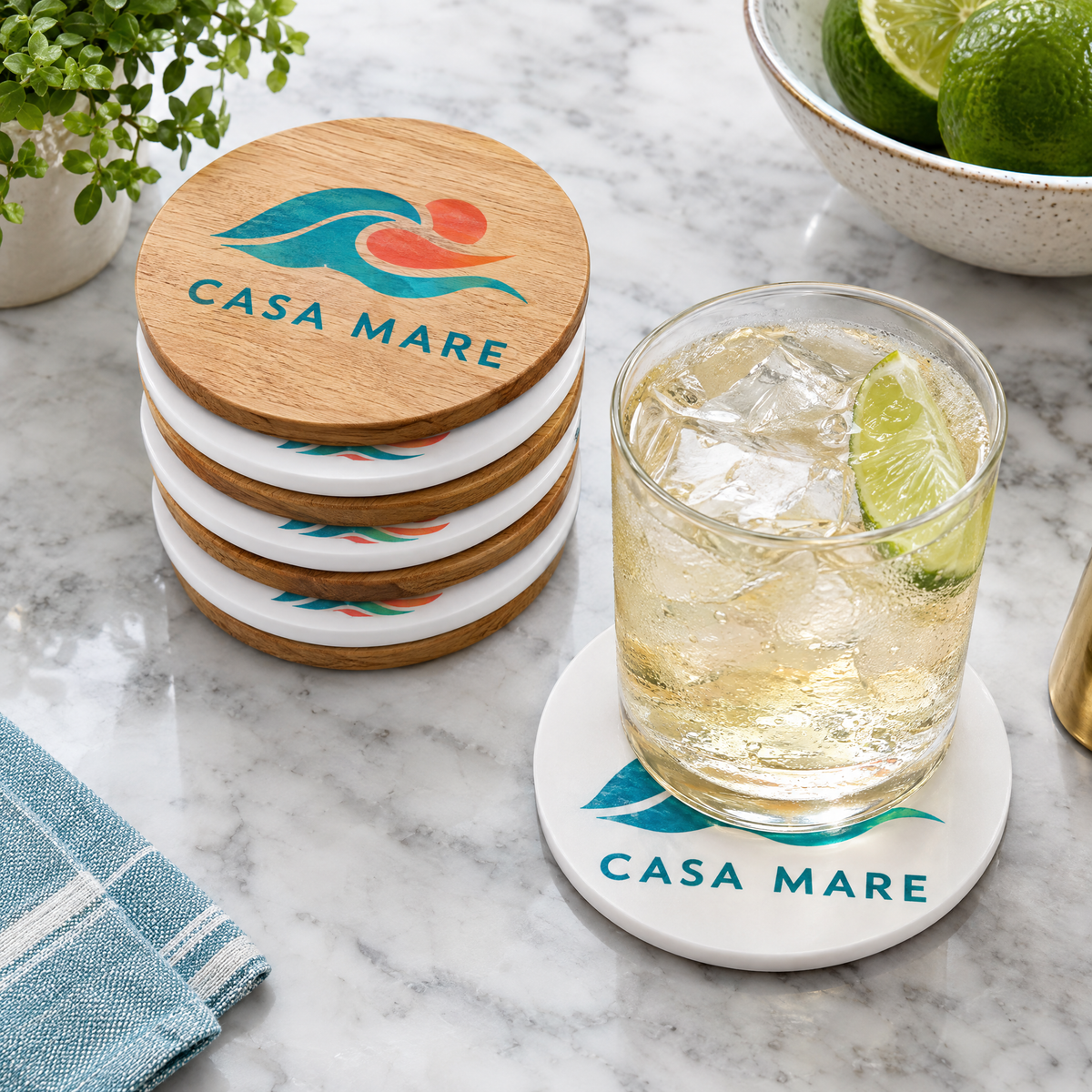 Sous-verres ronds en bois et acrylique imprimés en couleur avec un logo