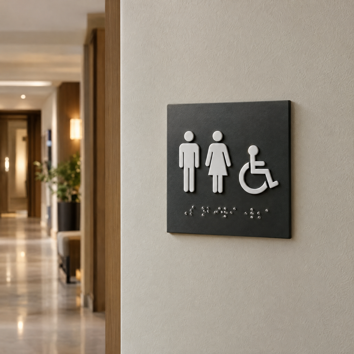 Pictogramme tactile en relief avec braille sur plaque anthracite, mur de couloir d'hôtel