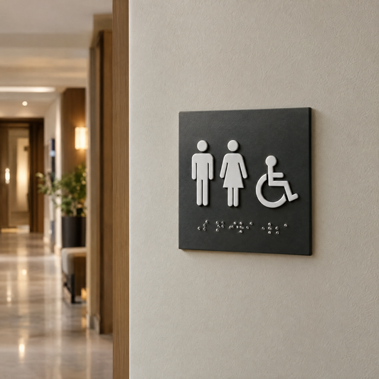 Pictogramme tactile en relief avec braille sur plaque anthracite, mur de couloir d'hôtel