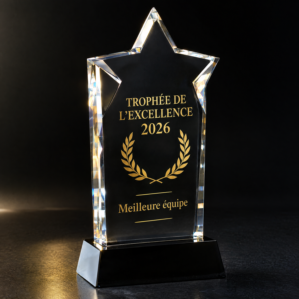 Trophée en acrylique épais avec texte effet dorure sur socle noir