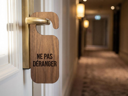 Pancarte de porte réversible en bois massif découpé laser