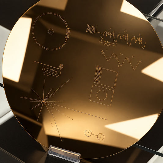 Réplique du disque d'or Voyager en plaqué or 24 carats, fini miroir, schémas gravés au laser, sur support acrylique